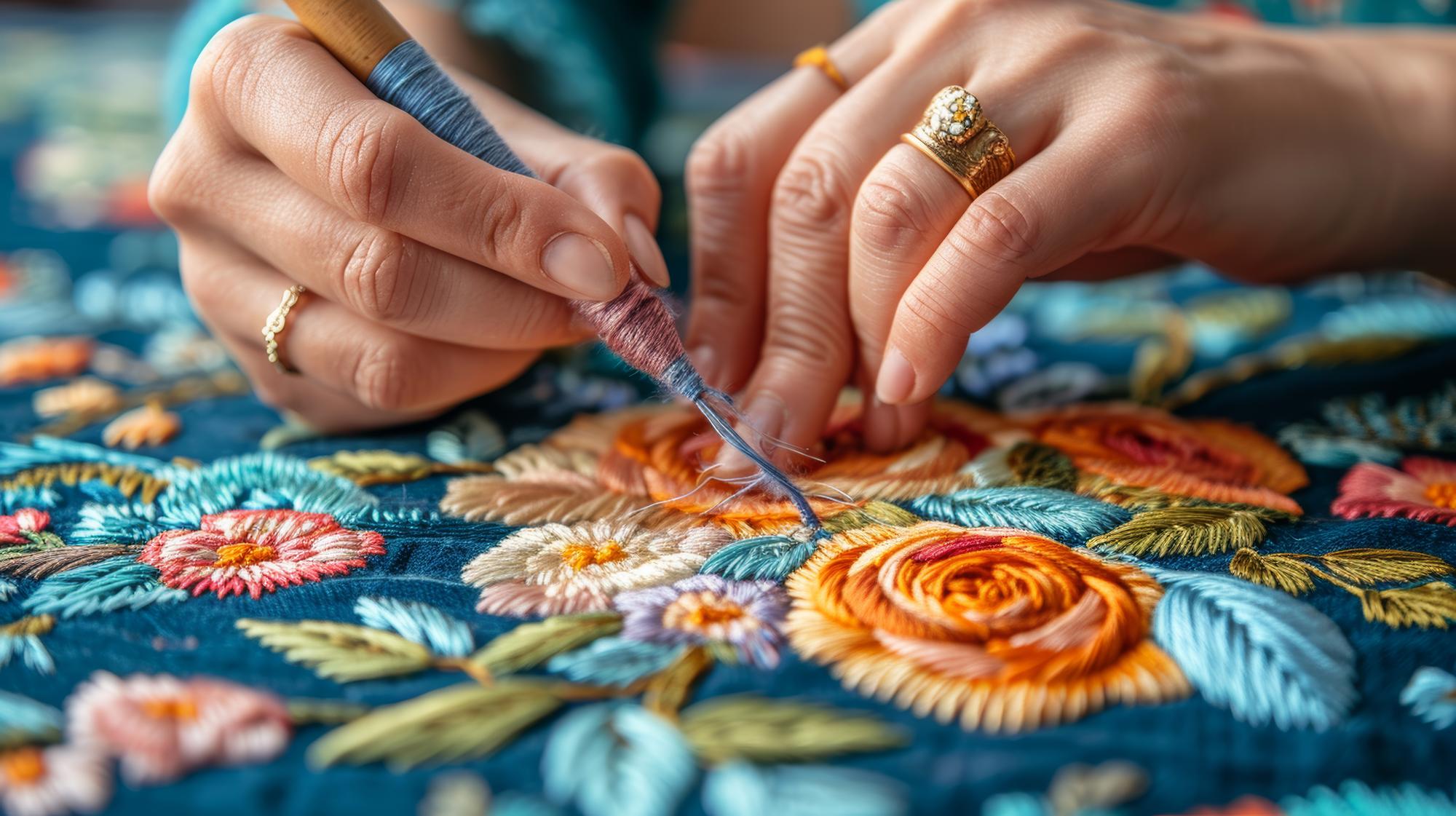 Artisan stitching a floral motif in studio