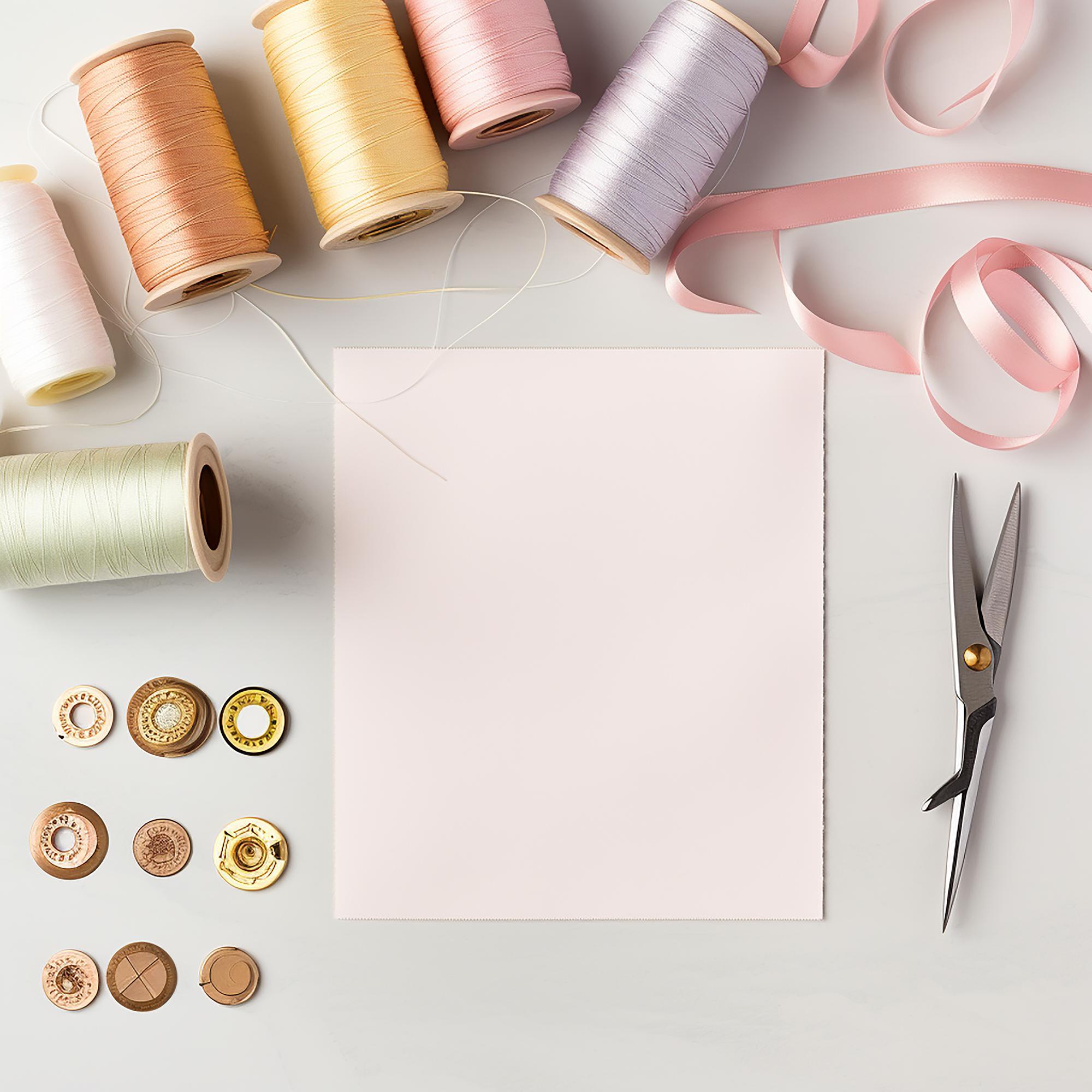 Flatlay of thread spools and pattern cards